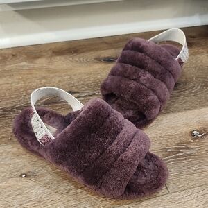 UGG Fluff Yeah Plum Sparkle Shearling Slingback Cozy Slide Slippers Platform 10